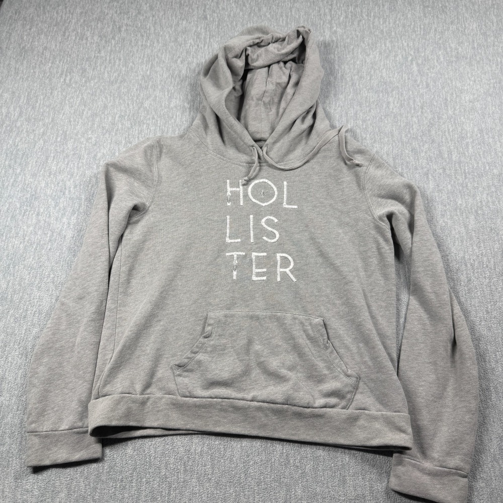 Hollister Hoodie Womens M Gray Embroidered Spellout Logo Fleece Pullover Y2k